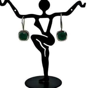 HDS Square Sterling Silver Green Diamond Cut Drop Dangle Earrings